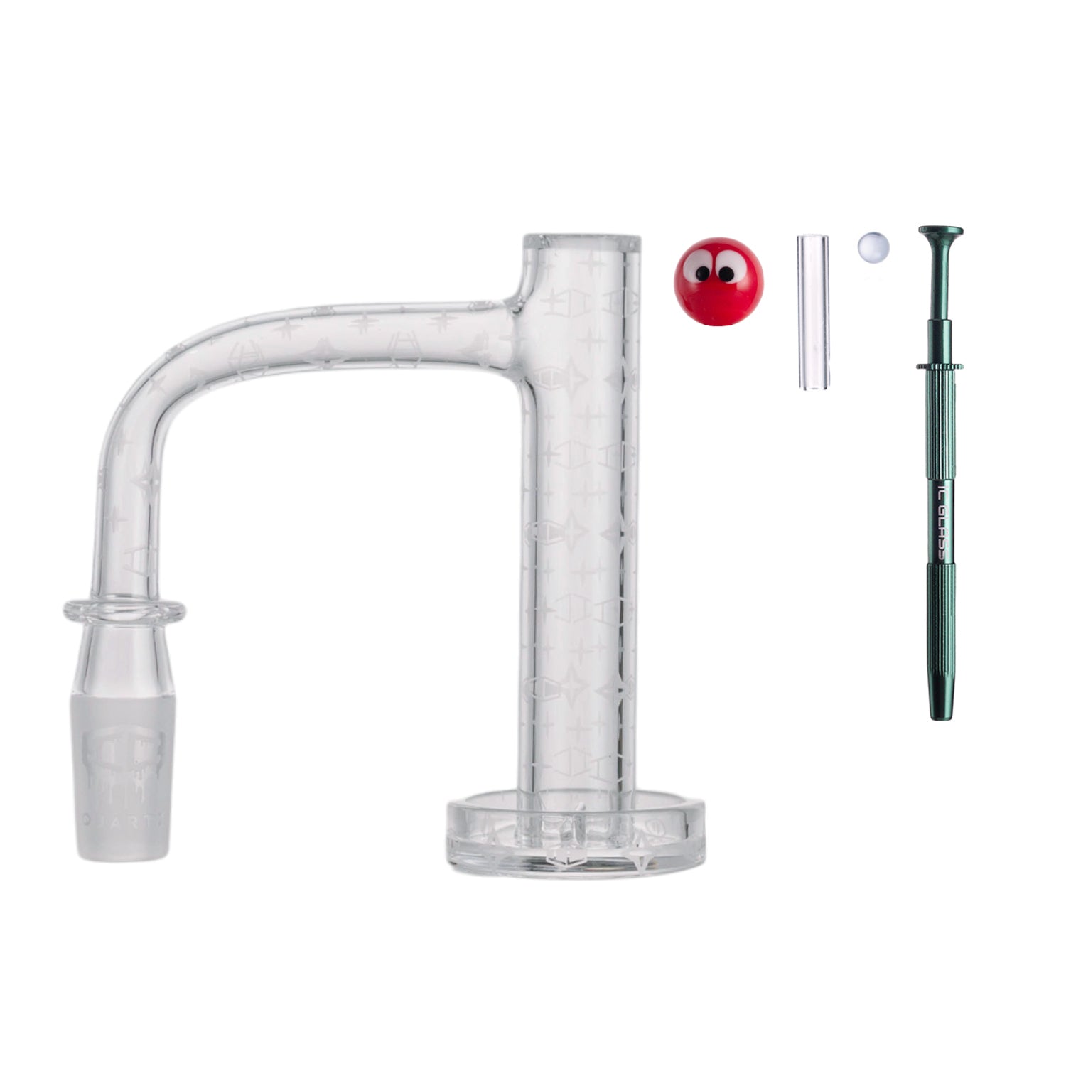Dab accessories included: glass carb cap, terp ball grabber, terp pillar, and terp pearl