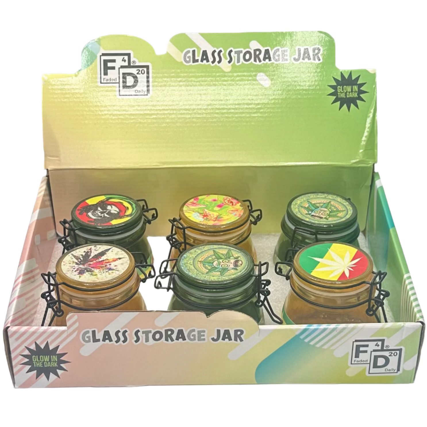 Glow in the dark Faded Daily Glass Storage Jars (6-count) – top-selling wholesale cannabis accessory for freshness, style, and retail appeal.