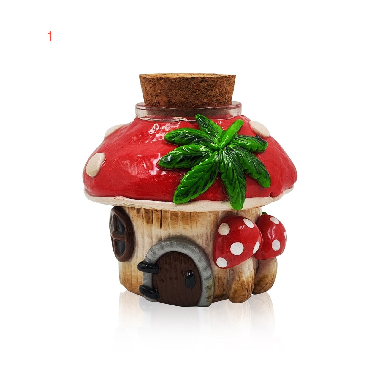 Shop the IC GLASS house-shaped jar with 3D mushrooms & cork cap. A top choice for wholesale cannabis accessories & smoking supplies in California.