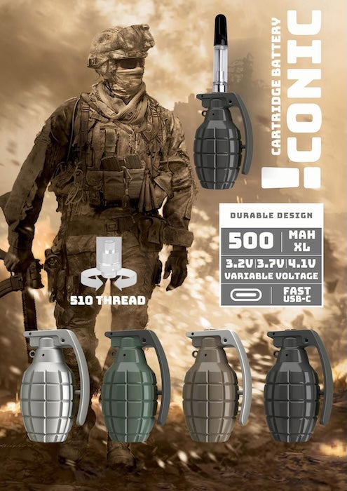 ICONIC Grenade Cartridge Battery with 510 thread and USB-C charging in a compact, grenade-style design