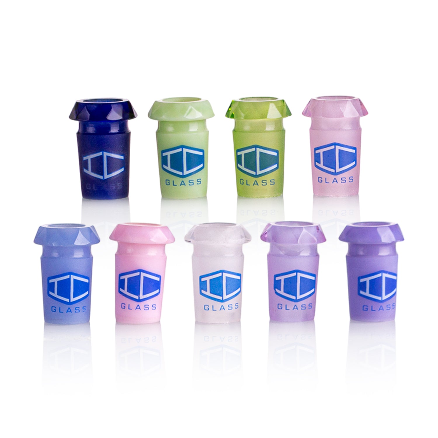 IC Glass Adapter box with 9 assorted color pieces for bongs, wholesale smoking accessories.
