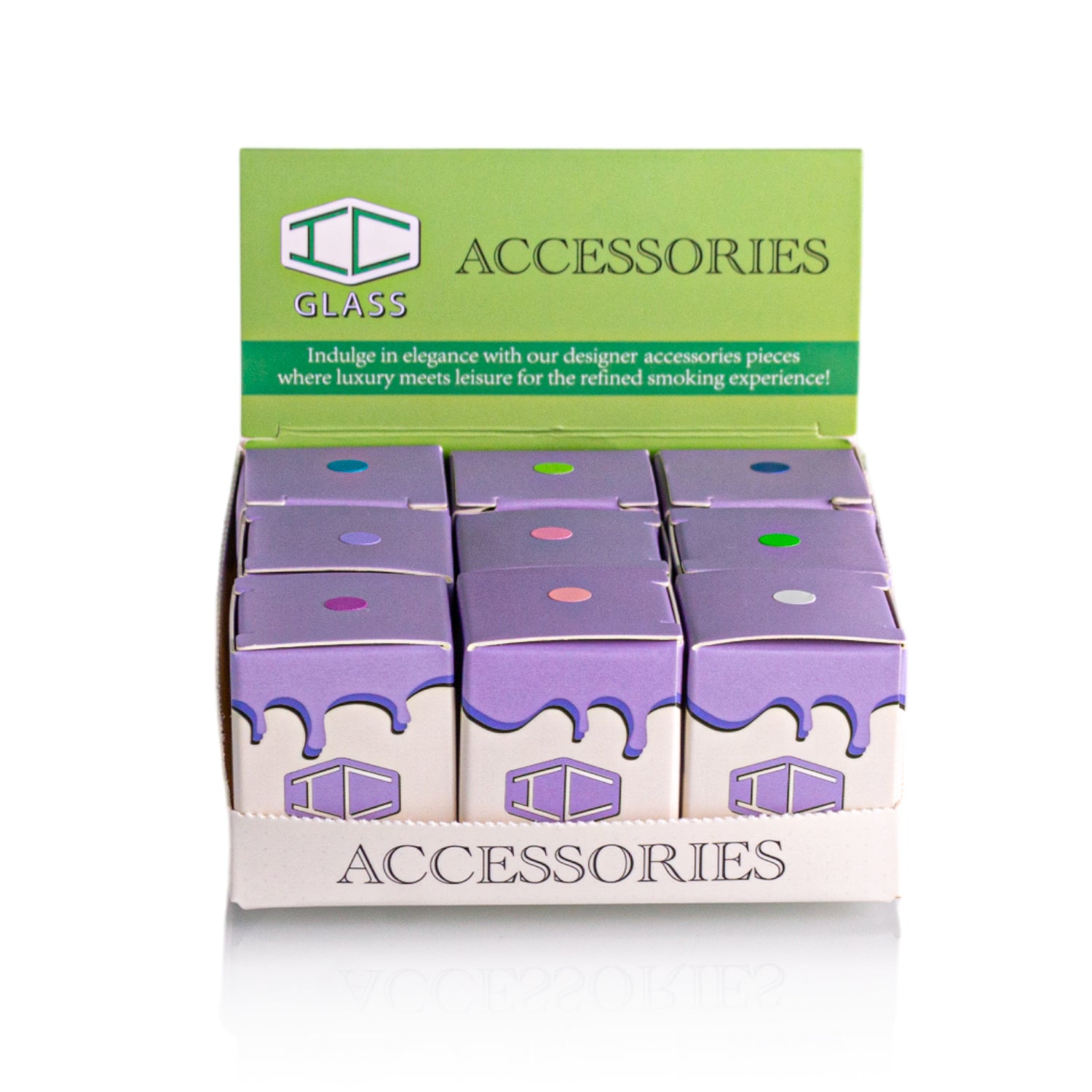 IC Glass Adapter box with 9 assorted color pieces for bongs, wholesale smoking accessories.