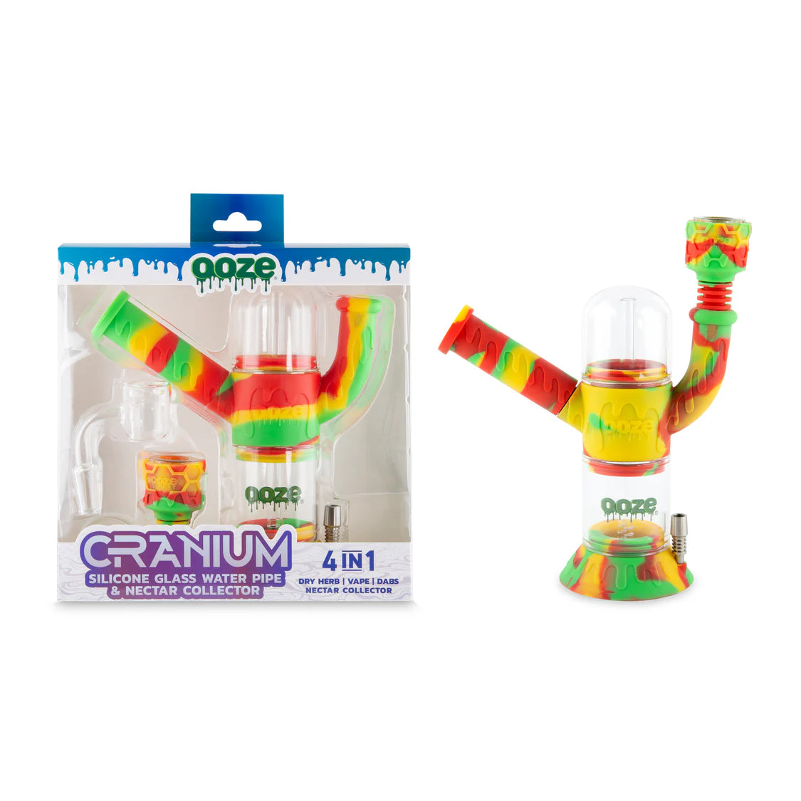 3-in-1 Rasta Ooze Cranium: water pipe, dab rig & straw in one. Durable silicone, glass chamber, and travel-ready. Versatile & easy to clean!