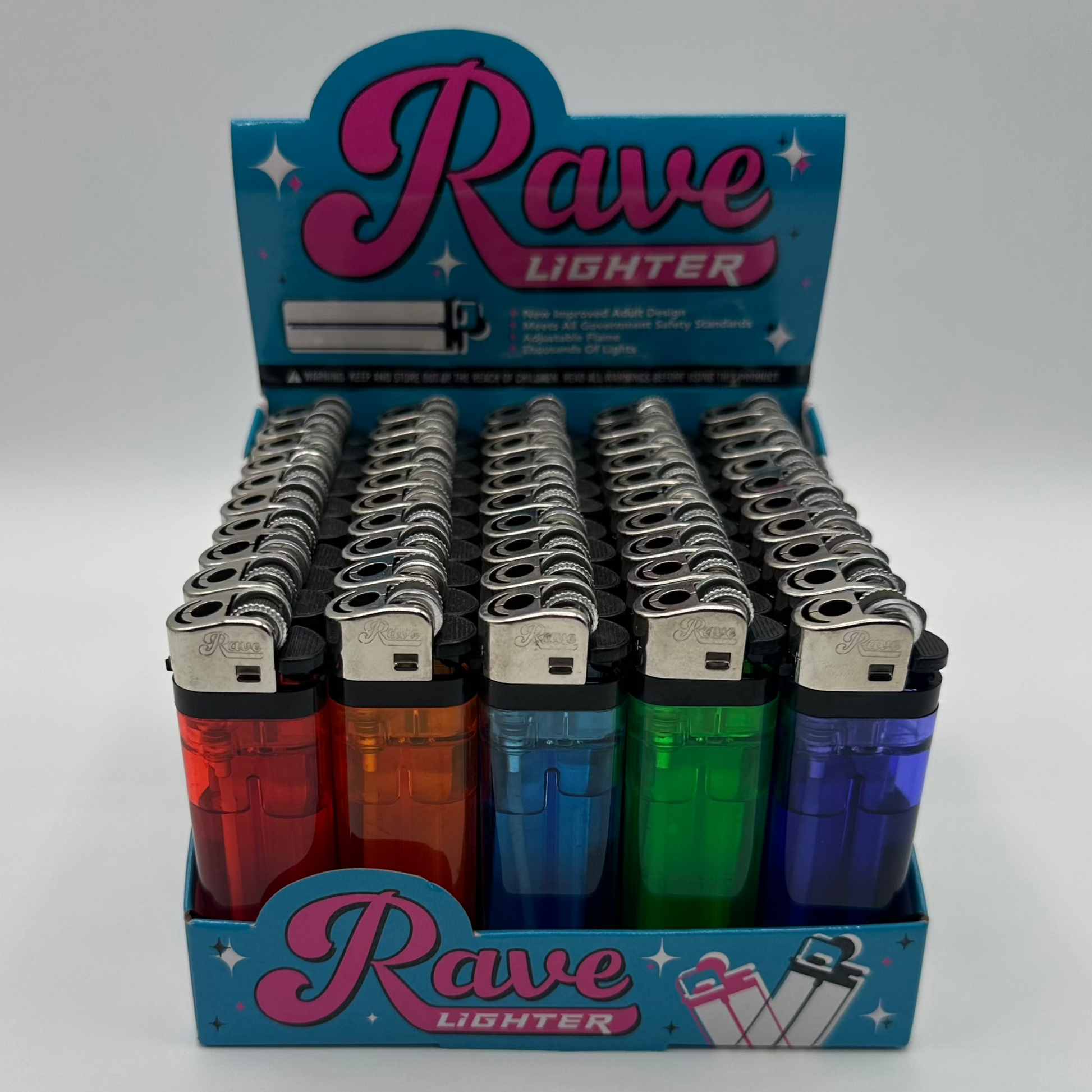 Rave Lighter 50PC Display in assorted vibrant colors with sleek design and reliable flame