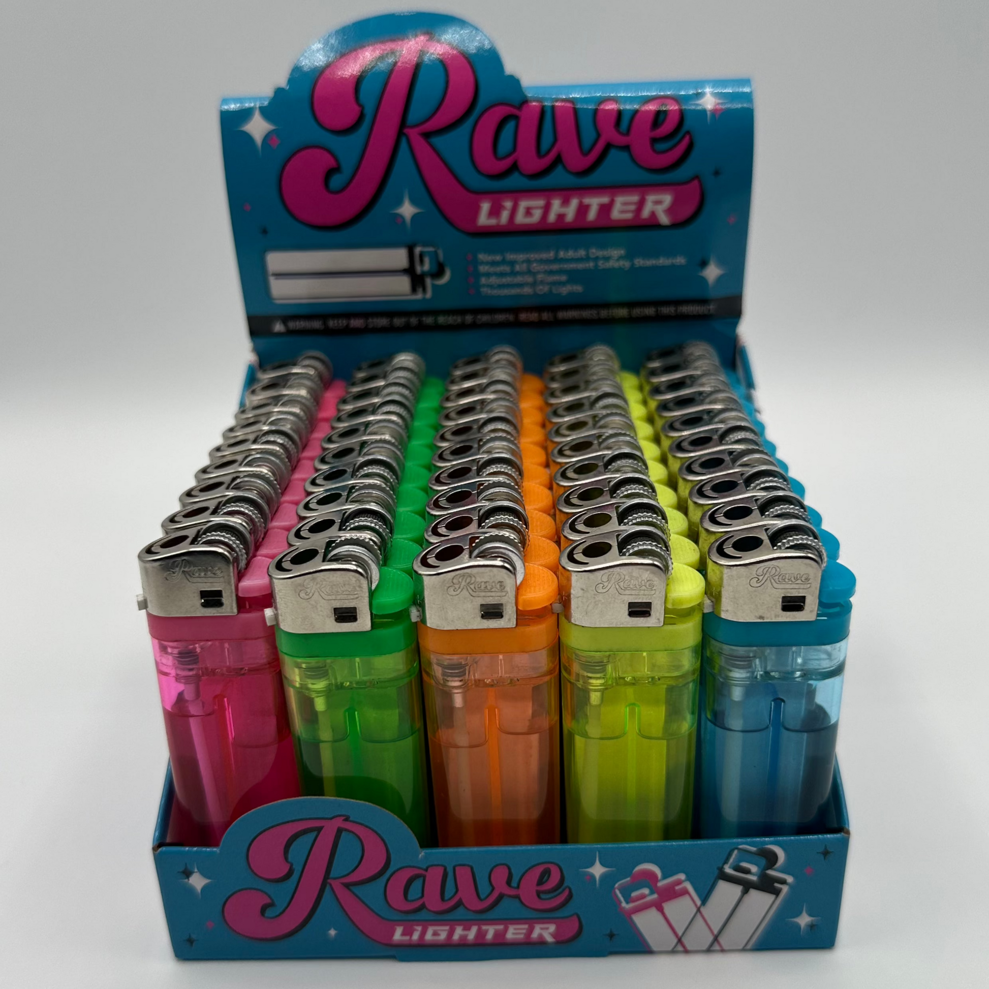 Rave Lighter 50PC Display in assorted vibrant colors with sleek design and reliable flame