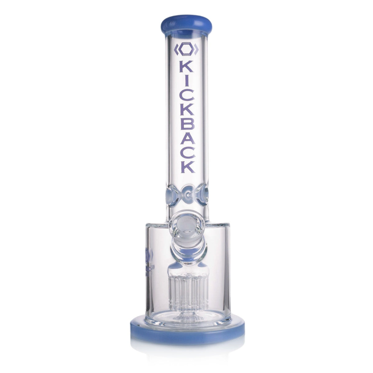 Side view Kickback Glass straight shooter bong with tree arm percolator and 18mm bowl, 15 inches tall