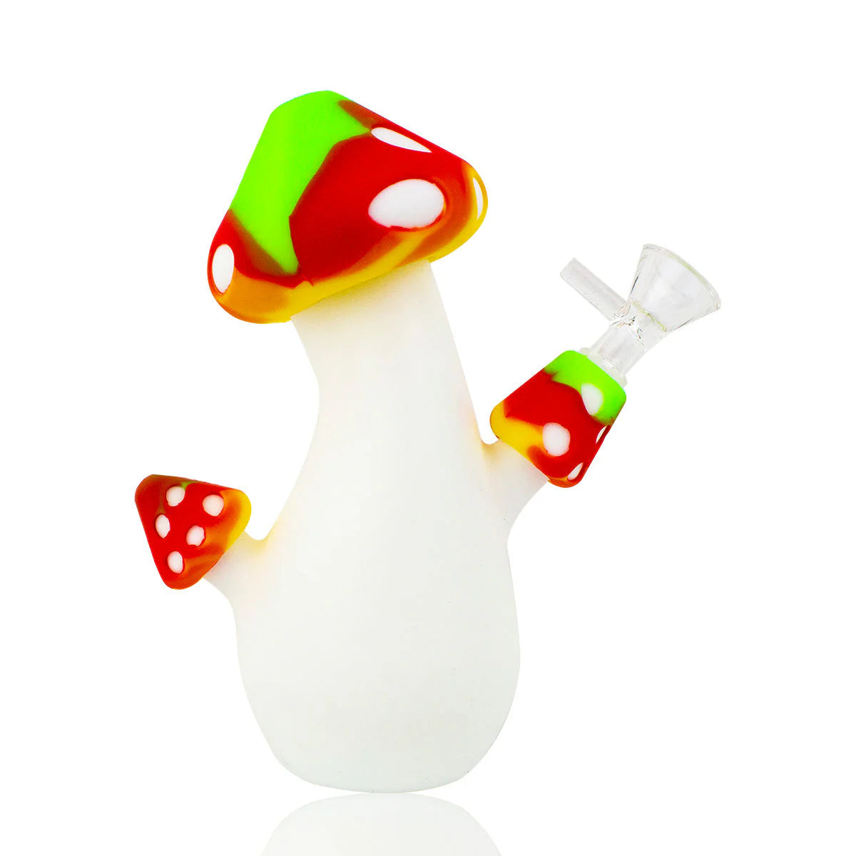 Shop 6.5” Silicone Mushroom Waterpipe with Glass Bowl in assorted colors. Durable, portable, and perfect for wholesale cannabis accessories inventory.