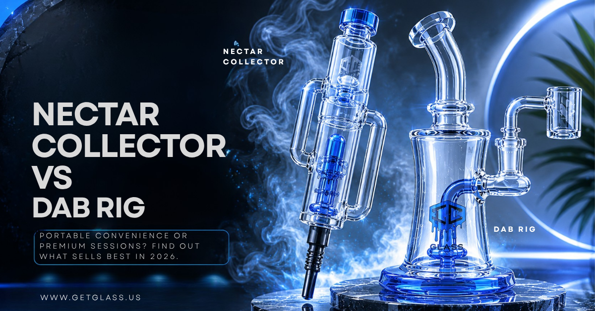 Nectar Collector vs Dab Rig comparison guide featuring a glass nectar collector and quartz dab rig for concentrate consumption.