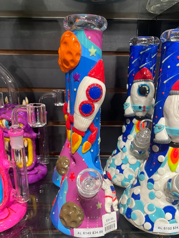 Water Pipe - Beaker with 3D Space ,Rocket Craved on it | 10.5"