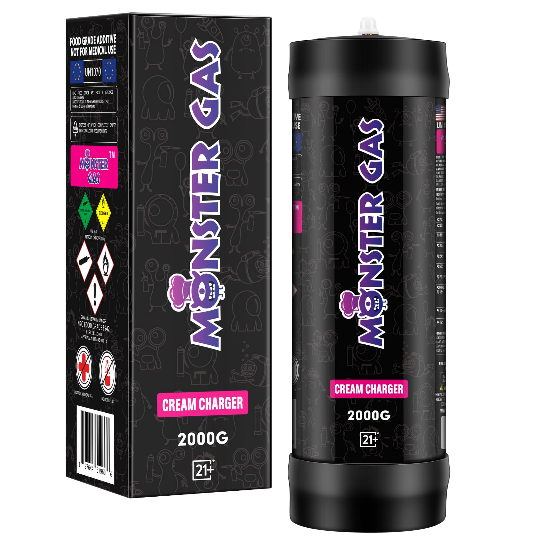 Monster 2000G Whipped Cream Chargers | FOOD-GRADE NITROUS OXIDE FOR FOOD| 2TANKS/CASE