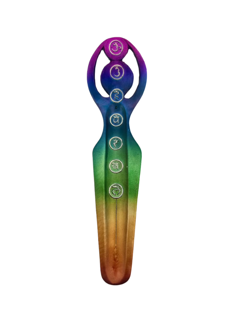 Handcrafted 11" wooden incense holder with 7 chakra symbols. Perfect for meditation, yoga, and energy healing. Clean, stylish, and spiritually inspired
