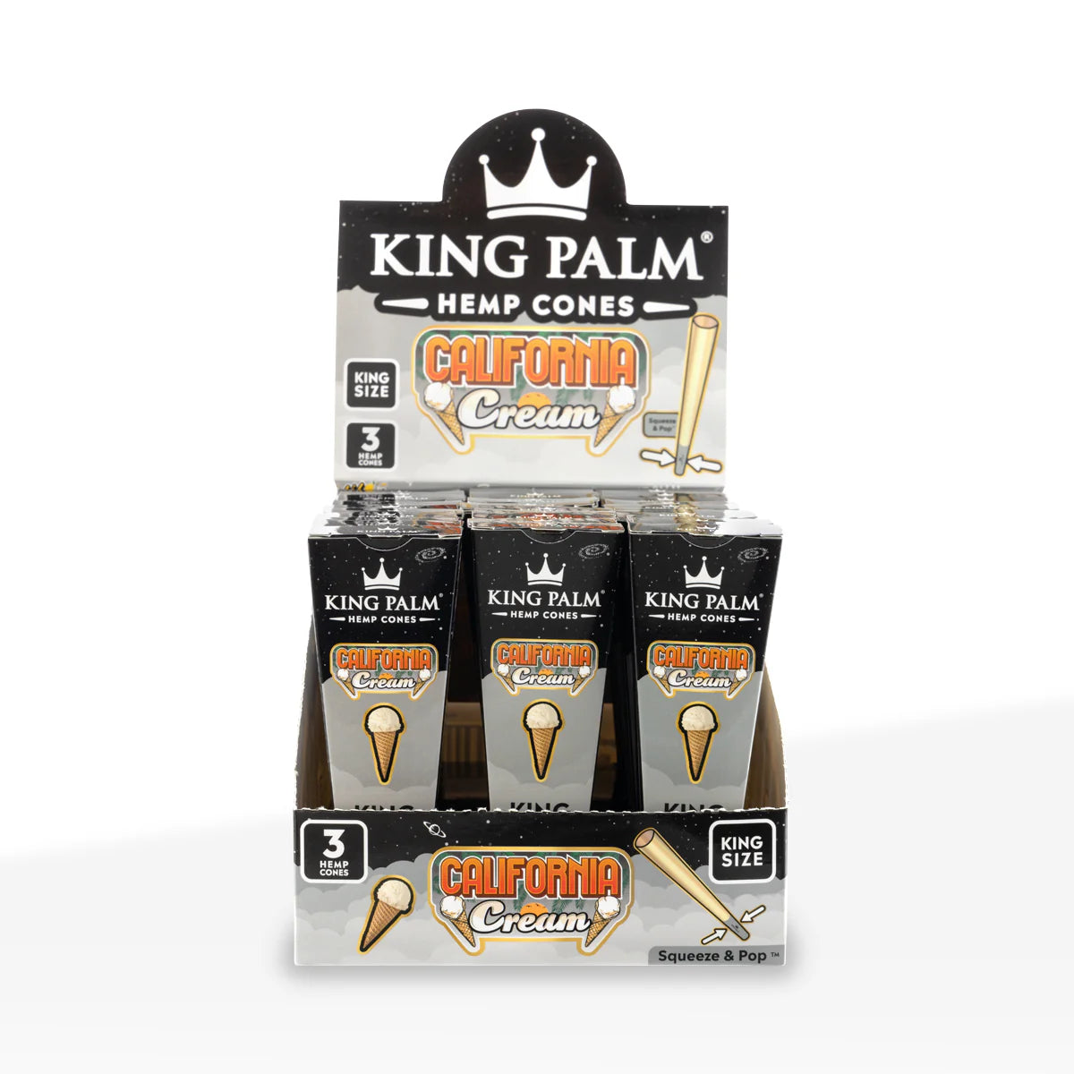 King Palm - Hemp Cones | KING Size  3-Hemp cones| 30Packs/Display | Squeeze & POP | WR10