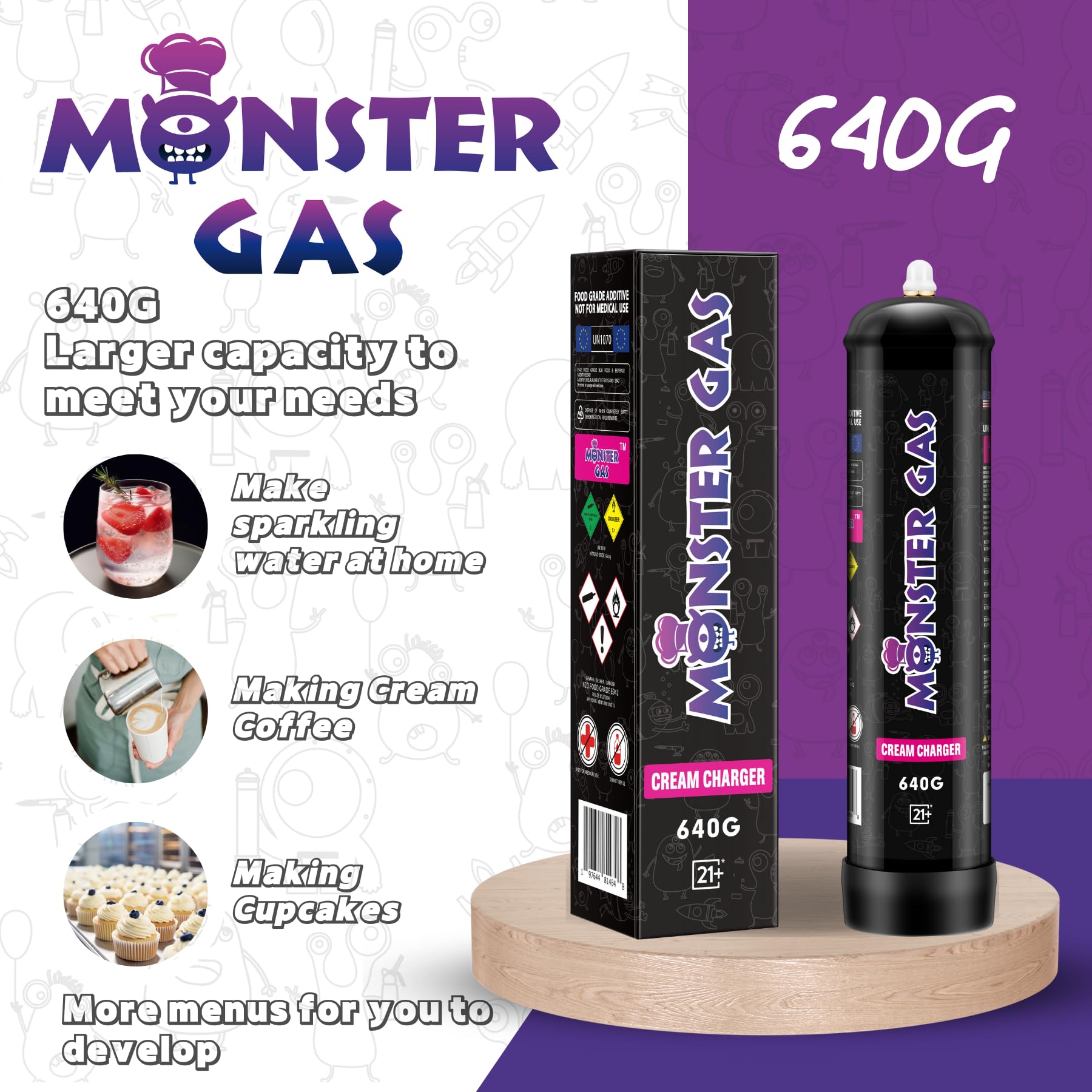 Monster 640G Whipped Cream Chargers | FOOD-GRADE CREAM CHARGER FOR FOOD|  6TANKS/CASE Main image