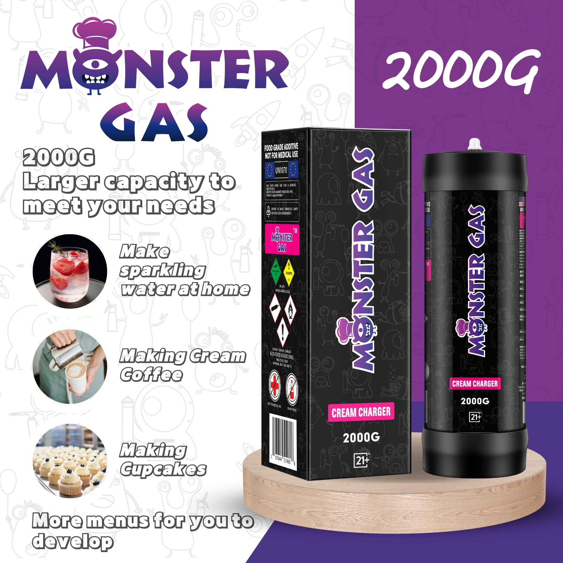 Monster 2000G Whipped Cream Chargers | FOOD-GRADE NITROUS OXIDE FOR FOOD| 2TANKS/CASE