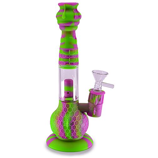 Durable 9-inch silicone waterpipe with perc. Ships in 5 assorted colors. Perfect for cannabis accessories wholesale and bulk smoking accessory orders.