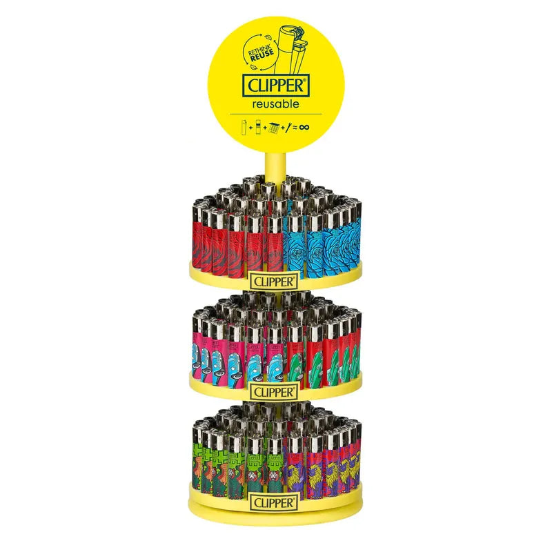 Clipper Reusable Lighters | Rotating 3 Tier Display | 144Pcs/Box + 12 Free | Box
