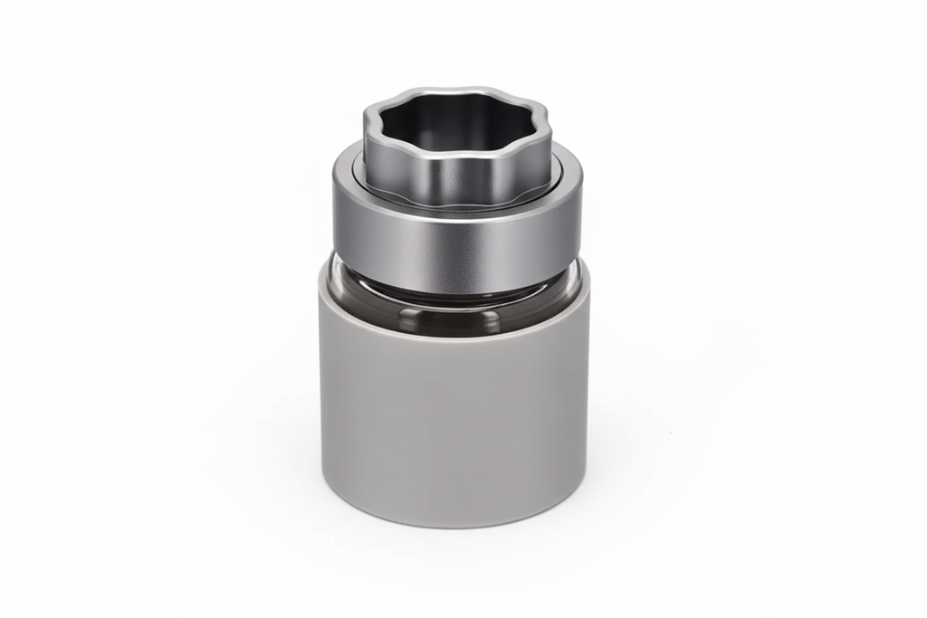 ATOM grinder with glass storage jar and silicone protector silver