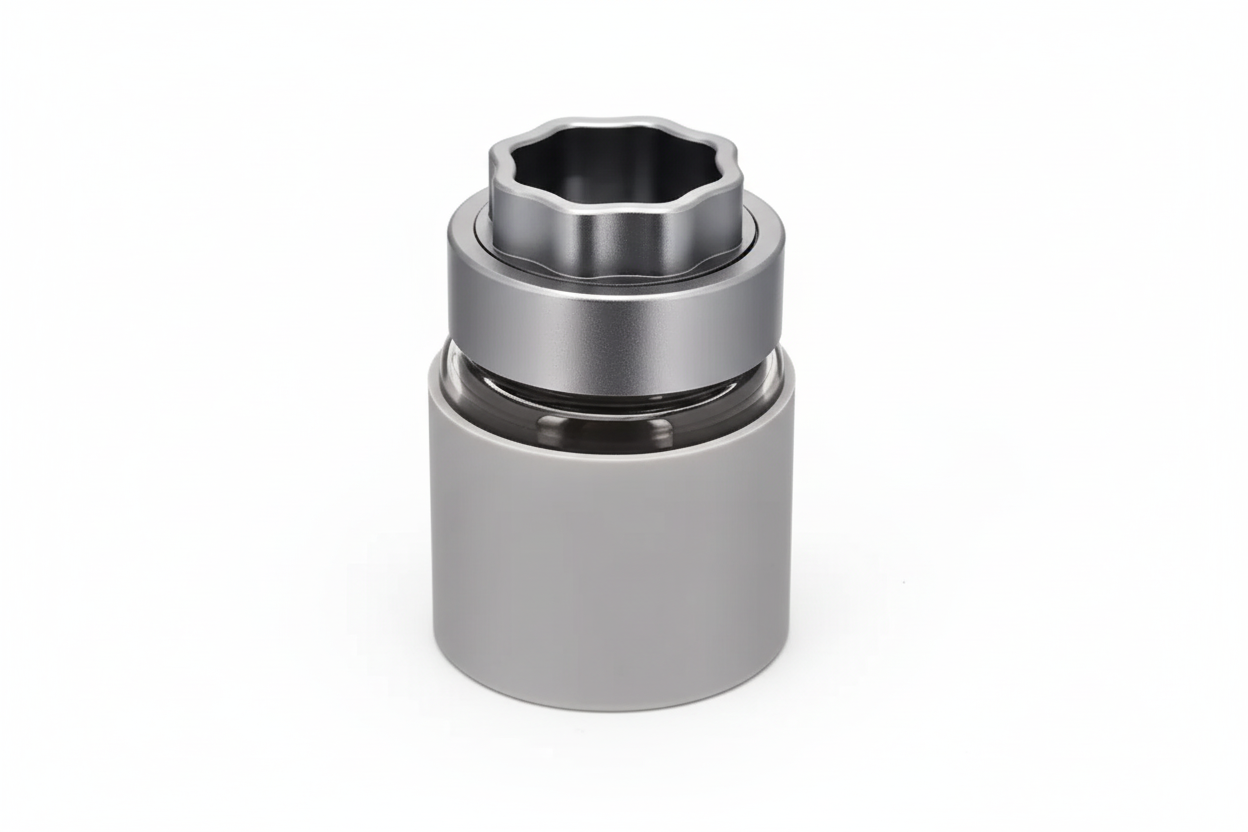 ATOM grinder with glass storage jar and silicone protector silver
