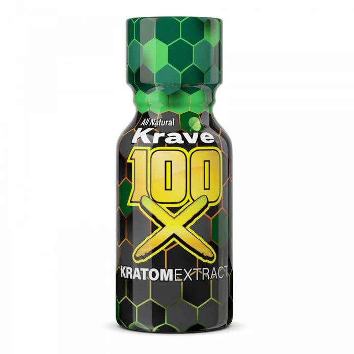 A sealed bottle of Krave Kratom 100x Extract Shot on a plain background