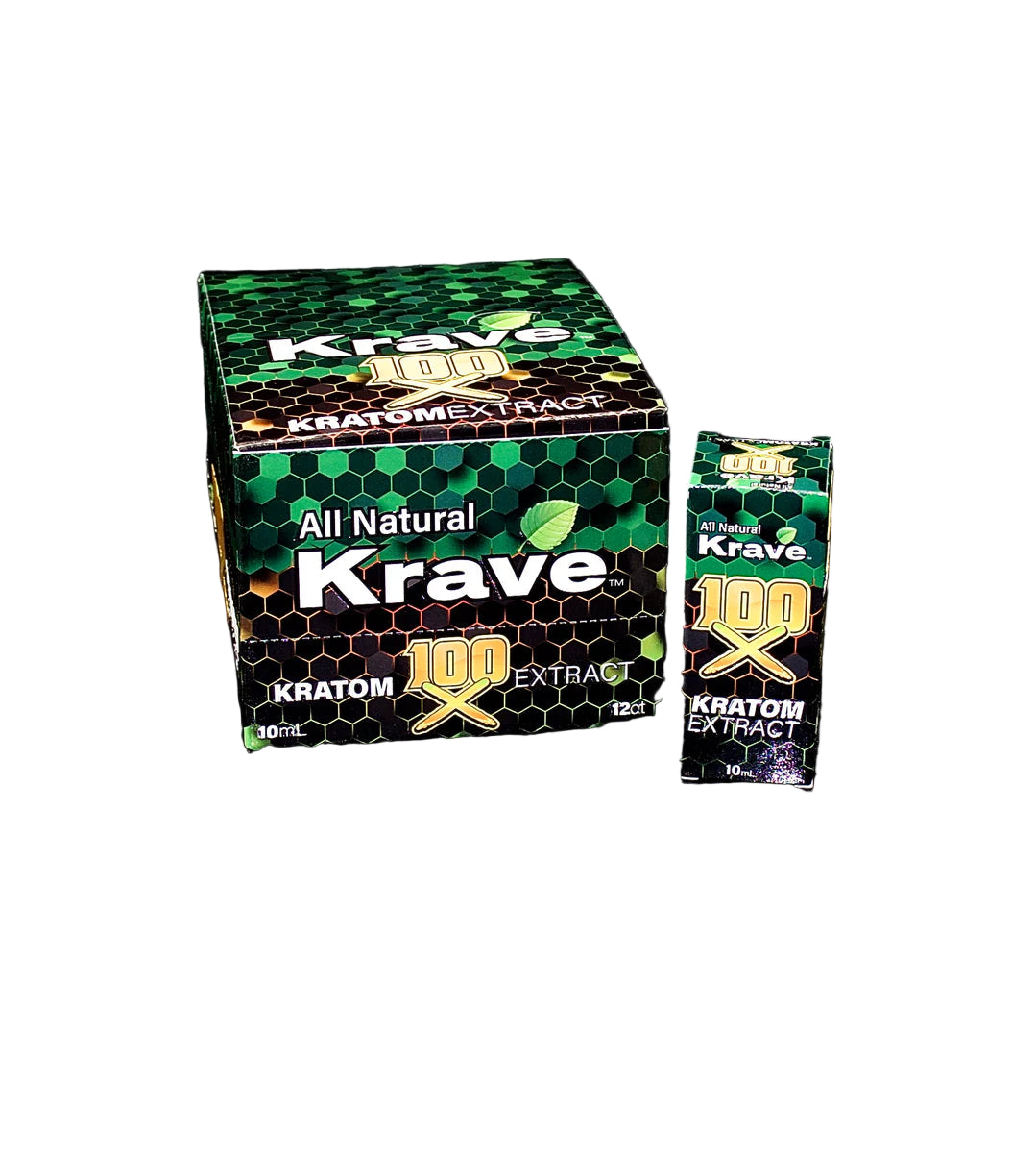 A sealed bottle of Krave Kratom 100x Extract Shot on a plain background
