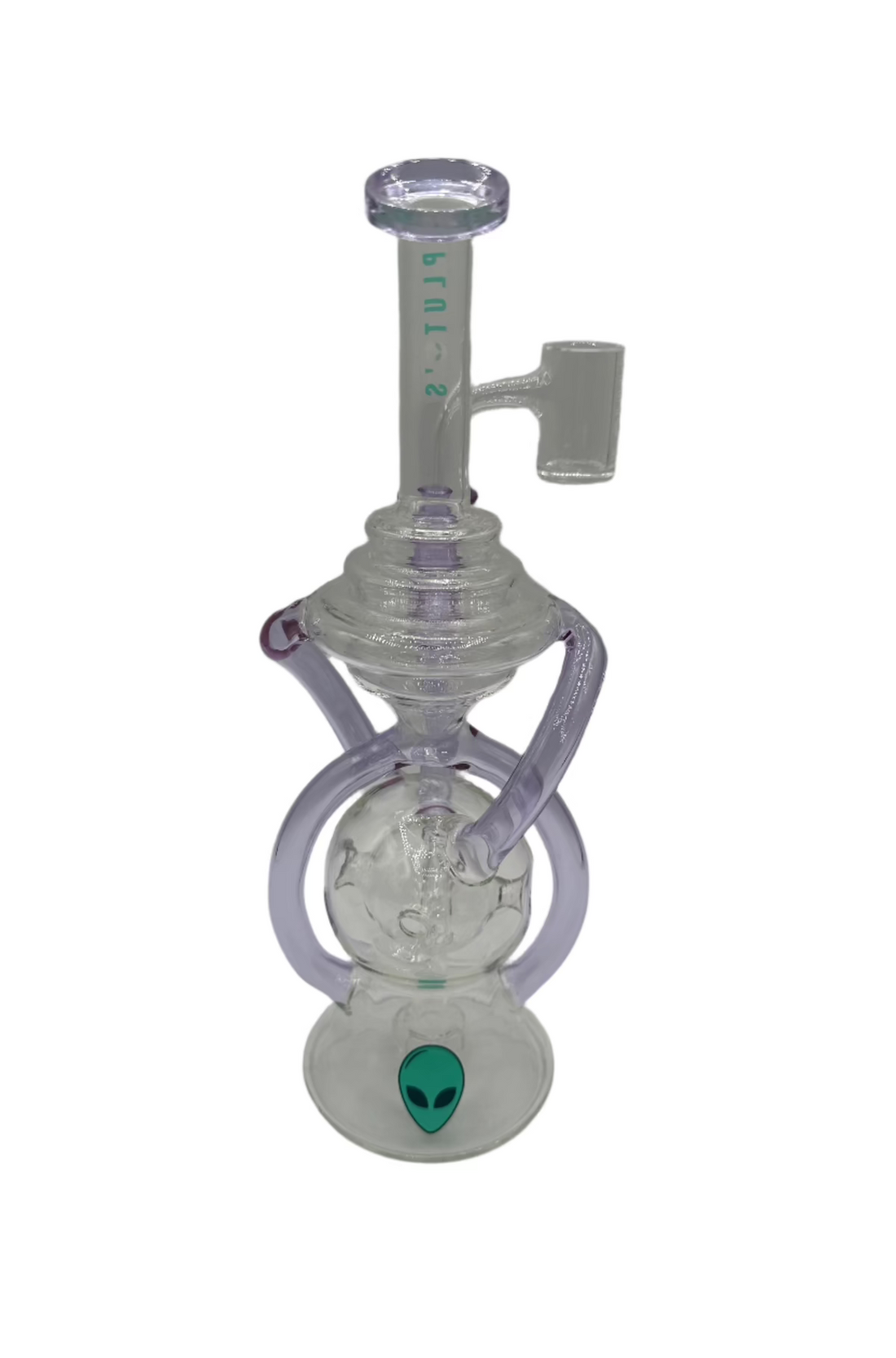 Close-up of King Pluto Dual Tone Recycler Dab Rig with intricate glasswork and looped recycler arms.

