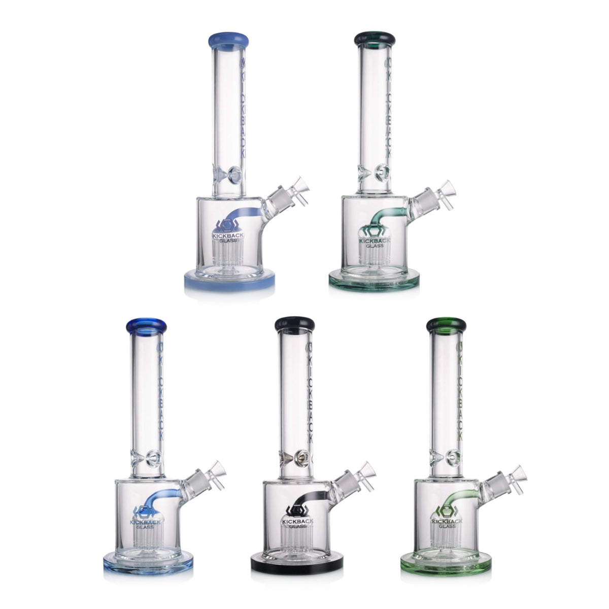  Assorted Kickback Glass straight shooter bong with tree arm percolator and 18mm bowl, 15 inches tall in green