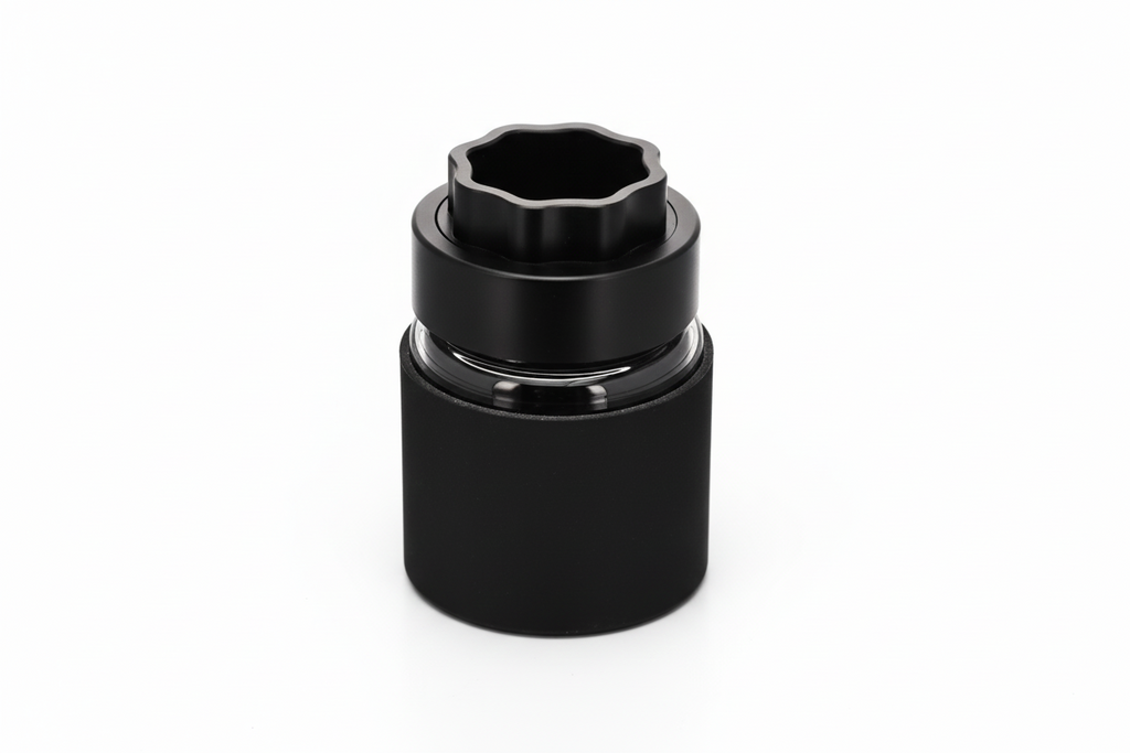 ATOM grinder with glass storage jar and silicone protector black