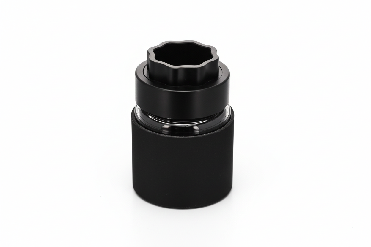 ATOM grinder with glass storage jar and silicone protector black