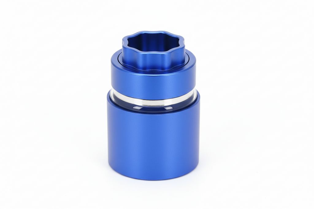 ATOM grinder with glass storage jar and silicone protector blue