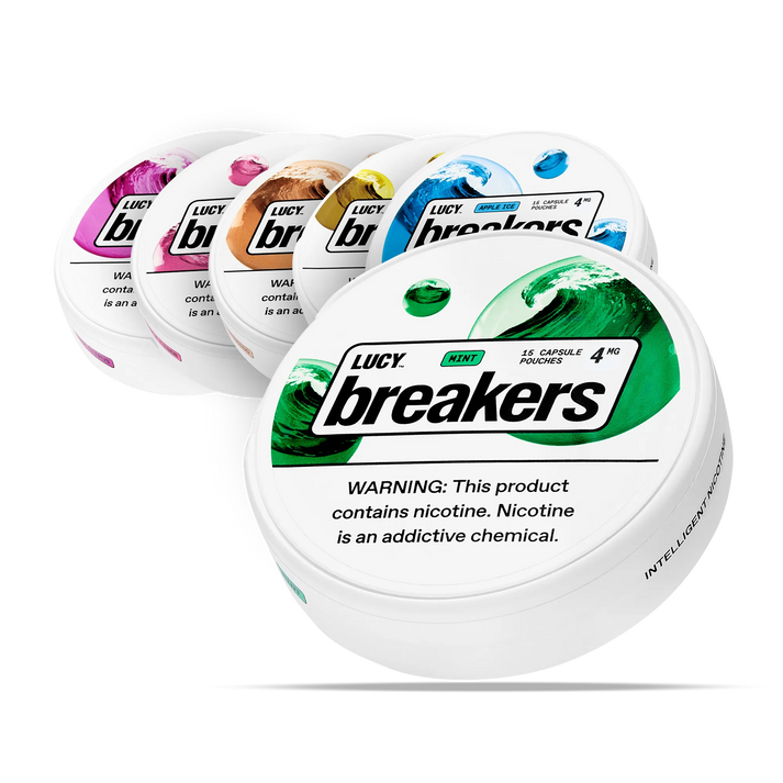 Lucy Breakers Mint 4mg nicotine pouches in round cans, available in multiple flavors for adult nicotine users