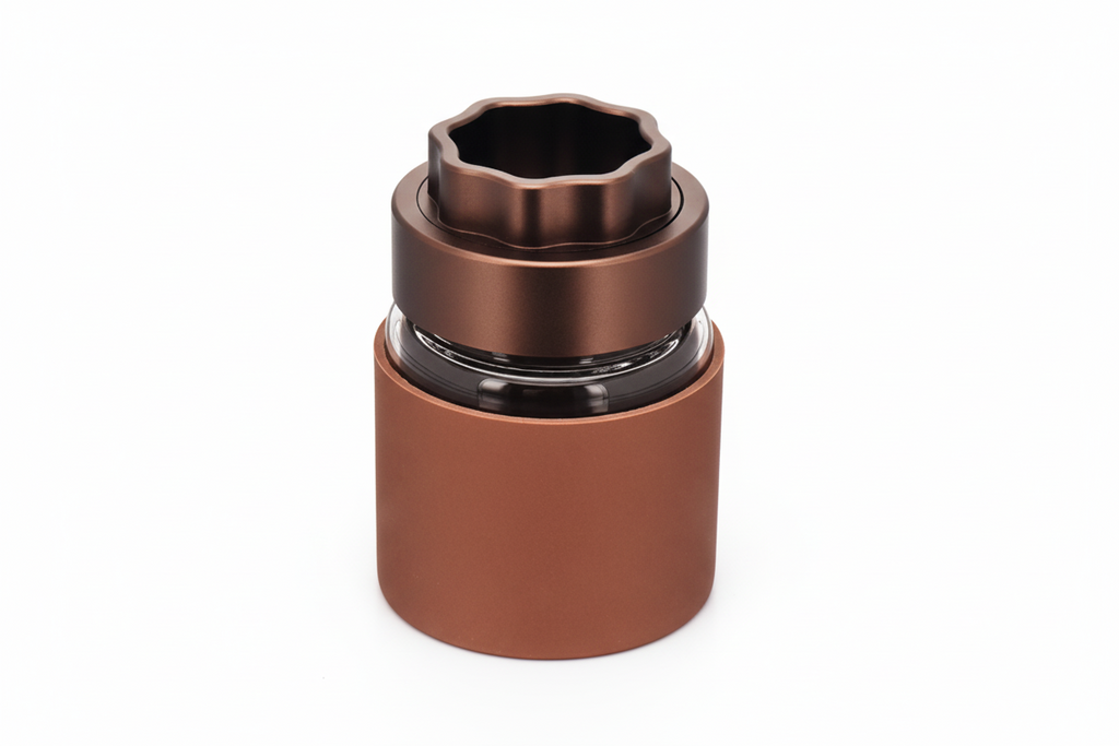 ATOM grinder with glass storage jar and silicone protector brown