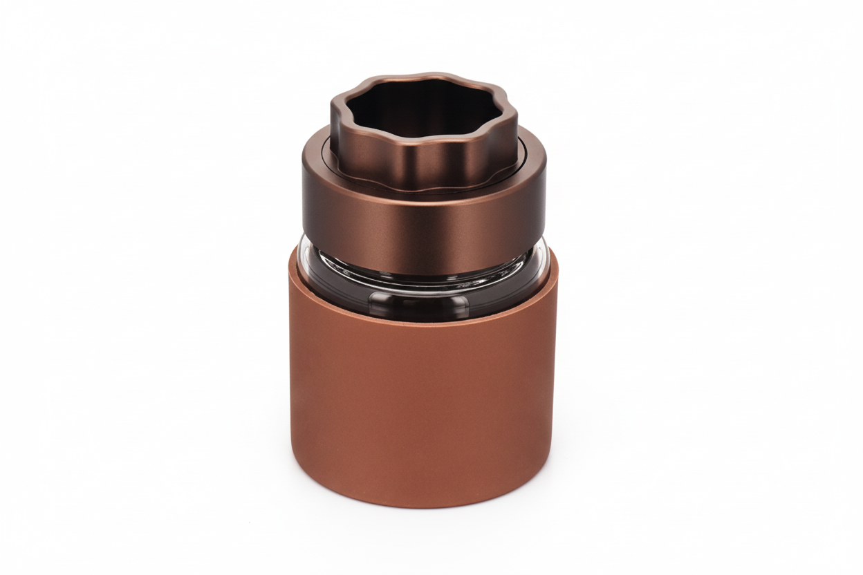 ATOM grinder with glass storage jar and silicone protector brown