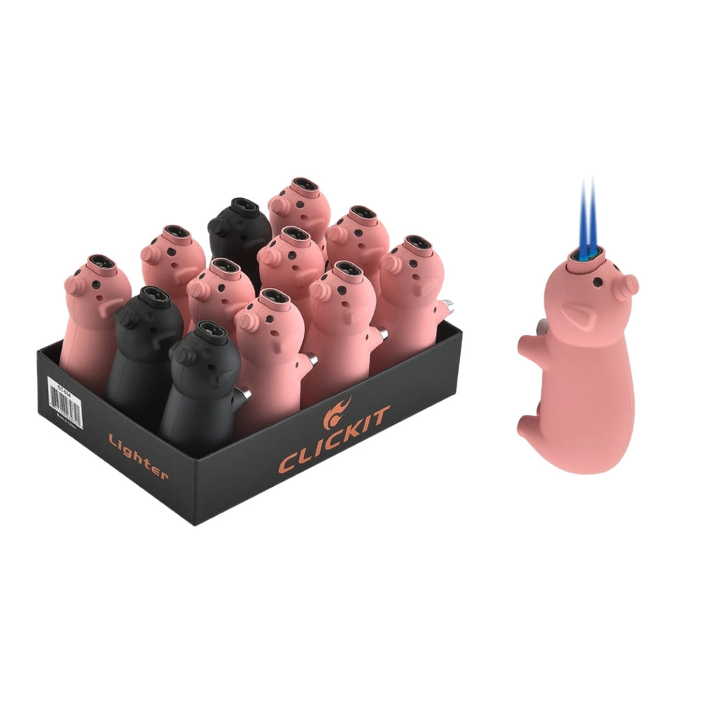 Pig - Double Jet Windproof  Torch Flames Butane Lighter | 12 Units / Display | Display
