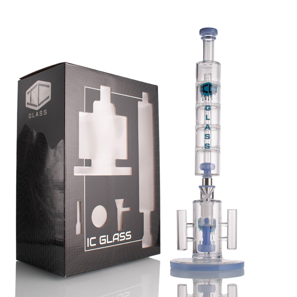 Close-up of IC Glass dual-purpose dab rig showing detailed glasswork and percolator