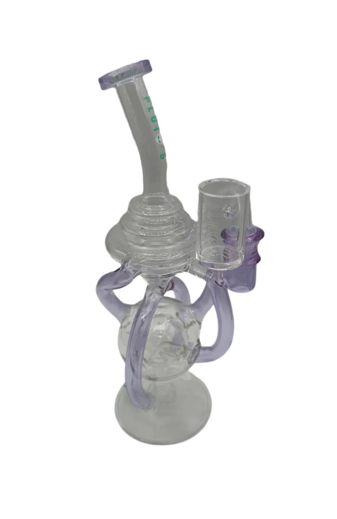 Close-up of King Pluto Dual Tone Recycler Dab Rig with intricate glasswork and looped recycler arms.

