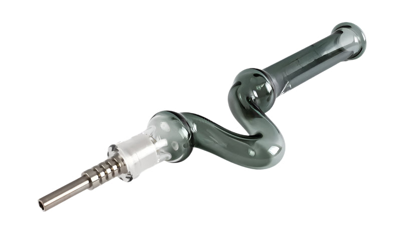 Curved glass nectar collector with screw-on ceramic tip and dish bowl for smooth and convenient dabbing sessions.