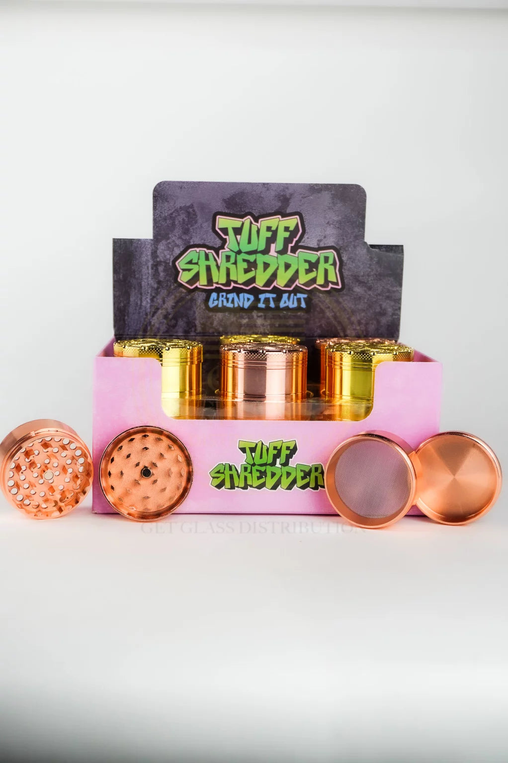 Tuff Shredder -  Weed Embossed on the Top | 45MM 4 Piece Grinder with Ashtray | Gold & Copper Colors | 12 Ct/Box