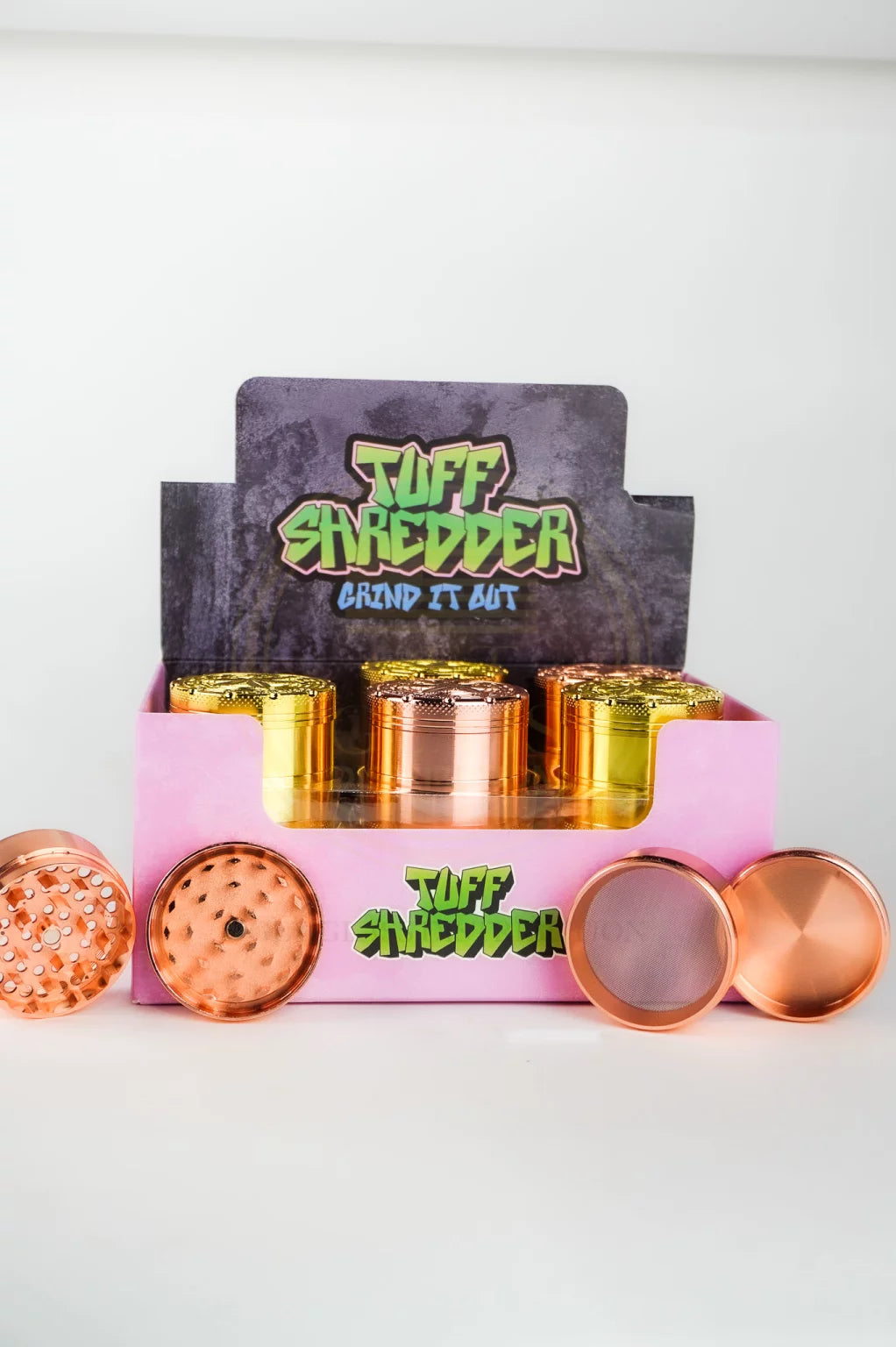 Tuff Shredder -  Weed Embossed on the Top | 45MM 4 Piece Grinder with Ashtray | Gold & Copper Colors | 12 Ct/Box