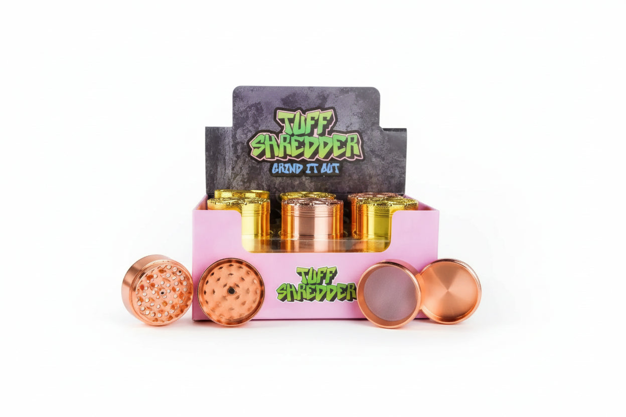 Tuff Shredder -  Weed Embossed on the Top | 45MM 4 Piece Grinder with Ashtray | Gold & Copper Colors | 12 Ct/Box