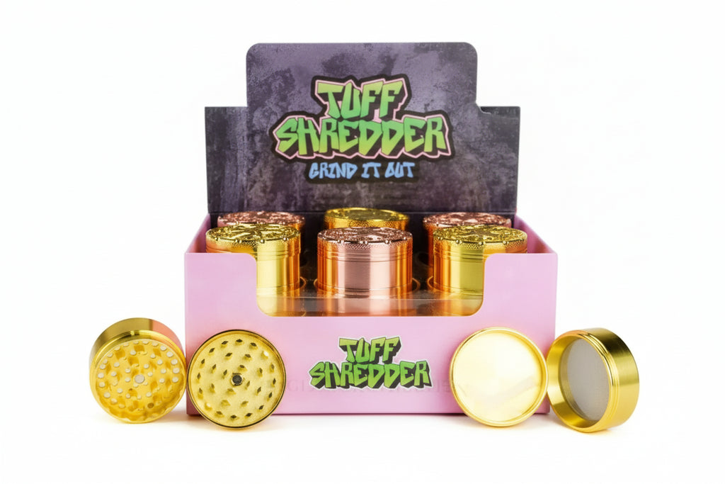 Tuff Shredder -  Weed Embossed on the Top | 45MM 4 Piece Grinder with Ashtray | Gold & Copper Colors | 12 Ct/Box