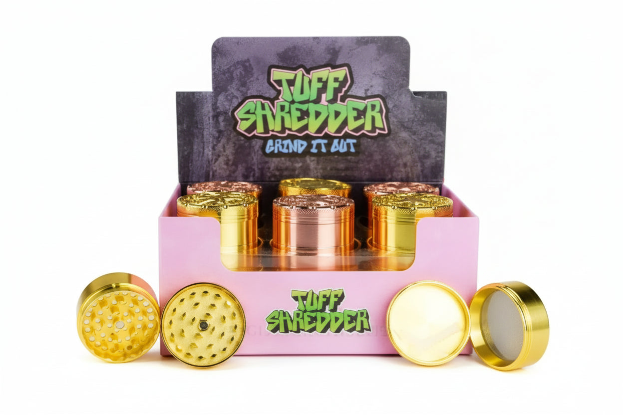Tuff Shredder -  Weed Embossed on the Top | 45MM 4 Piece Grinder with Ashtray | Gold & Copper Colors | 12 Ct/Box