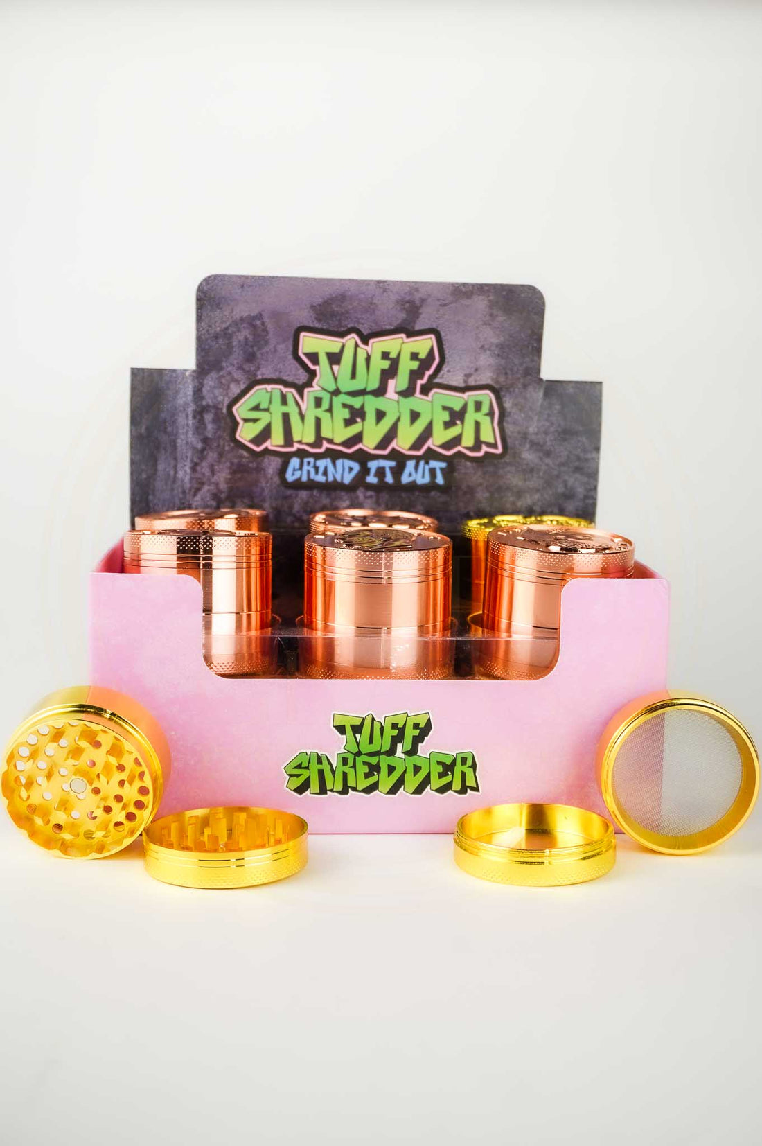 Tuff Shredder Grinder with Ashtray  - 45MM Grinder with Liberty Logo on Top | 4 Pieces | 12CT/Box | Copper & Gold Colors