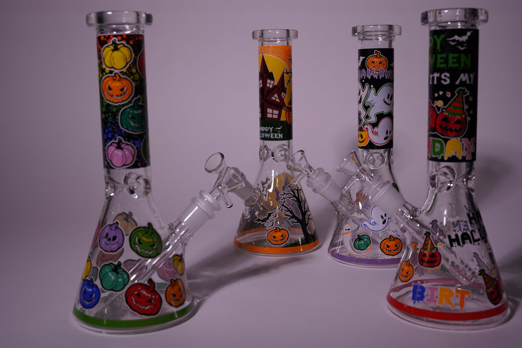 Wholesale Halloween Beaker Bong with Comic Prints | Thick Glass Water Pipe | 10" | 4 Colors | WP4503