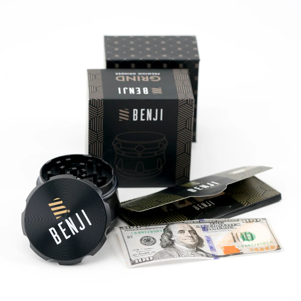 BENJI GRIND – Premium 4-Piece Aluminum Grinder + $100 Bill Benji Papers | 2.2" Drum-Style