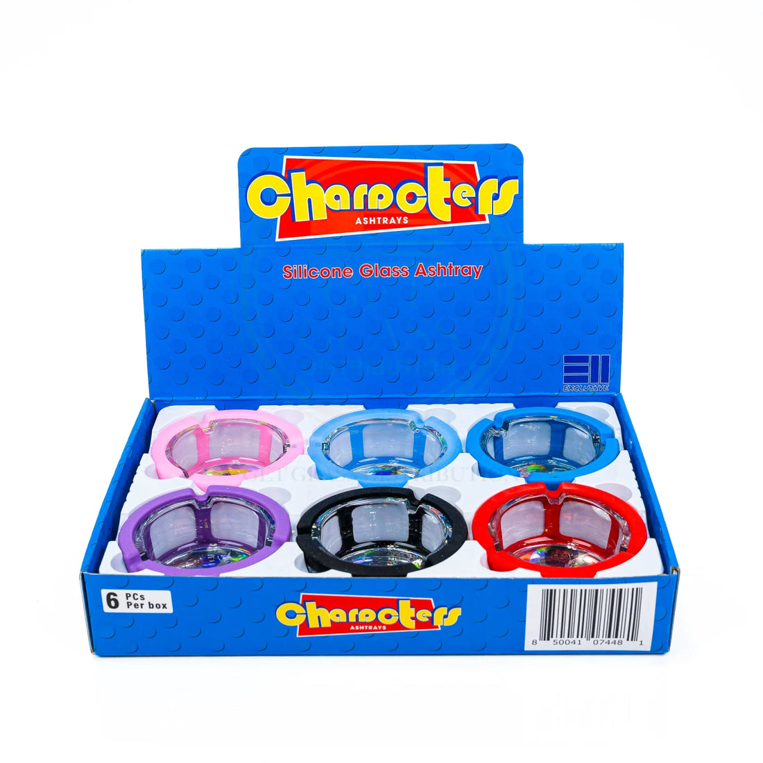 Display of 6 Character Silicone Glass Ashtrays for Wholesale