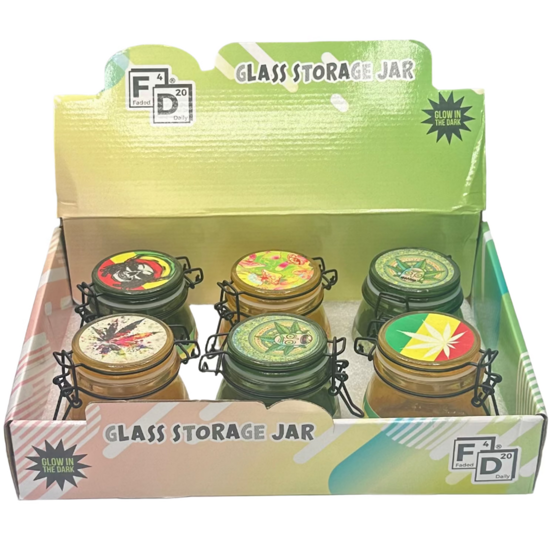 Glow in the dark Faded Daily Glass Storage Jars (6-count) – top-selling wholesale cannabis accessory for freshness, style, and retail appeal.