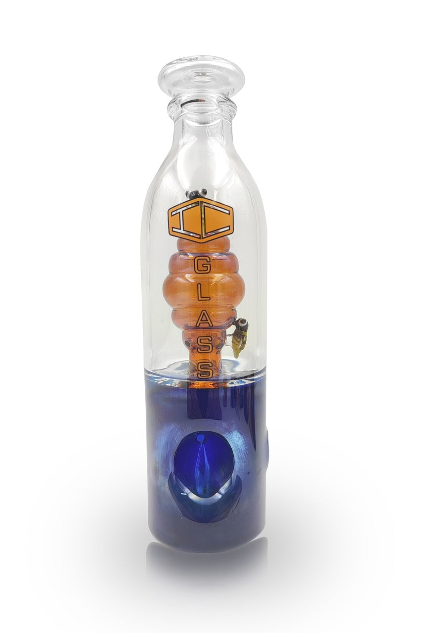 Front view of blue  IC GLASS Honey Bee Functional Handpipe
