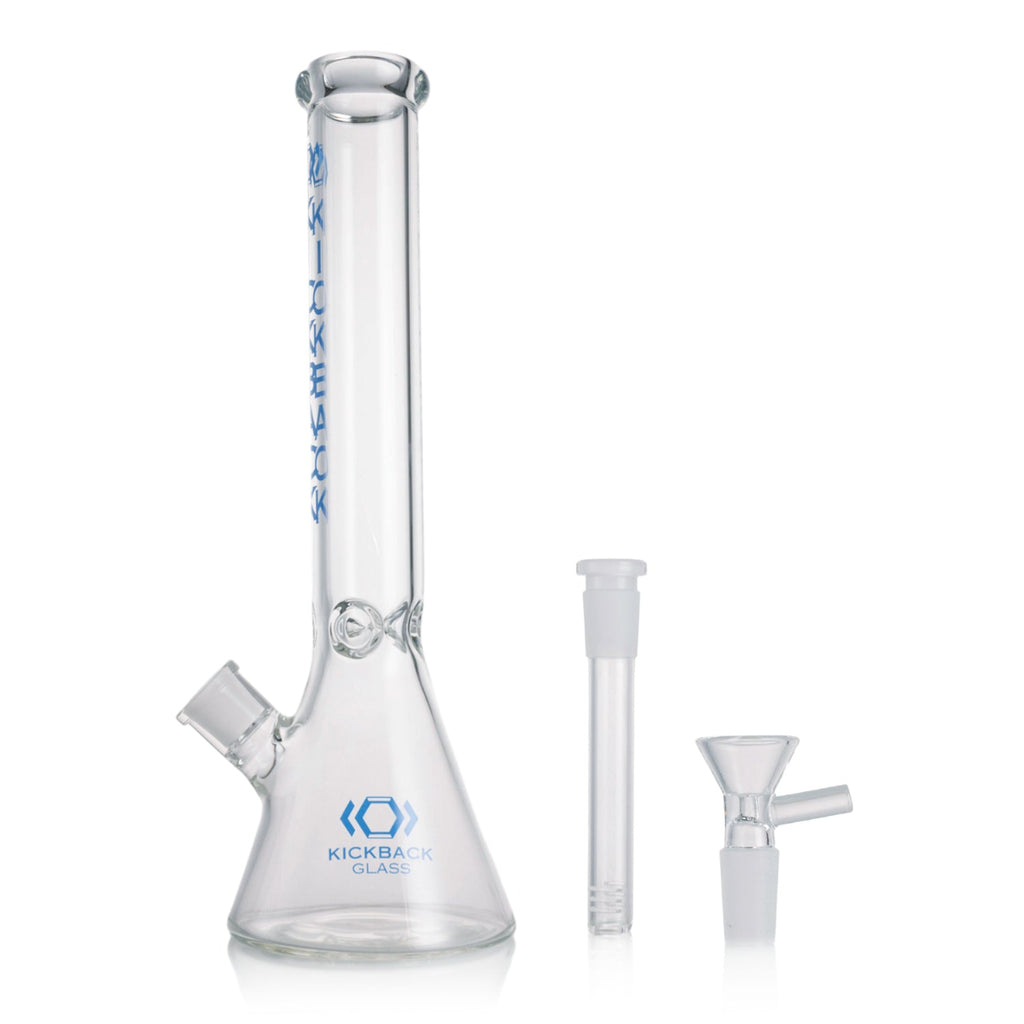 Full view of Blue Kickback Glass beaker bong with sturdy base and glass bowl