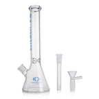 Full view of Blue Kickback Glass beaker bong with sturdy base and glass bowl