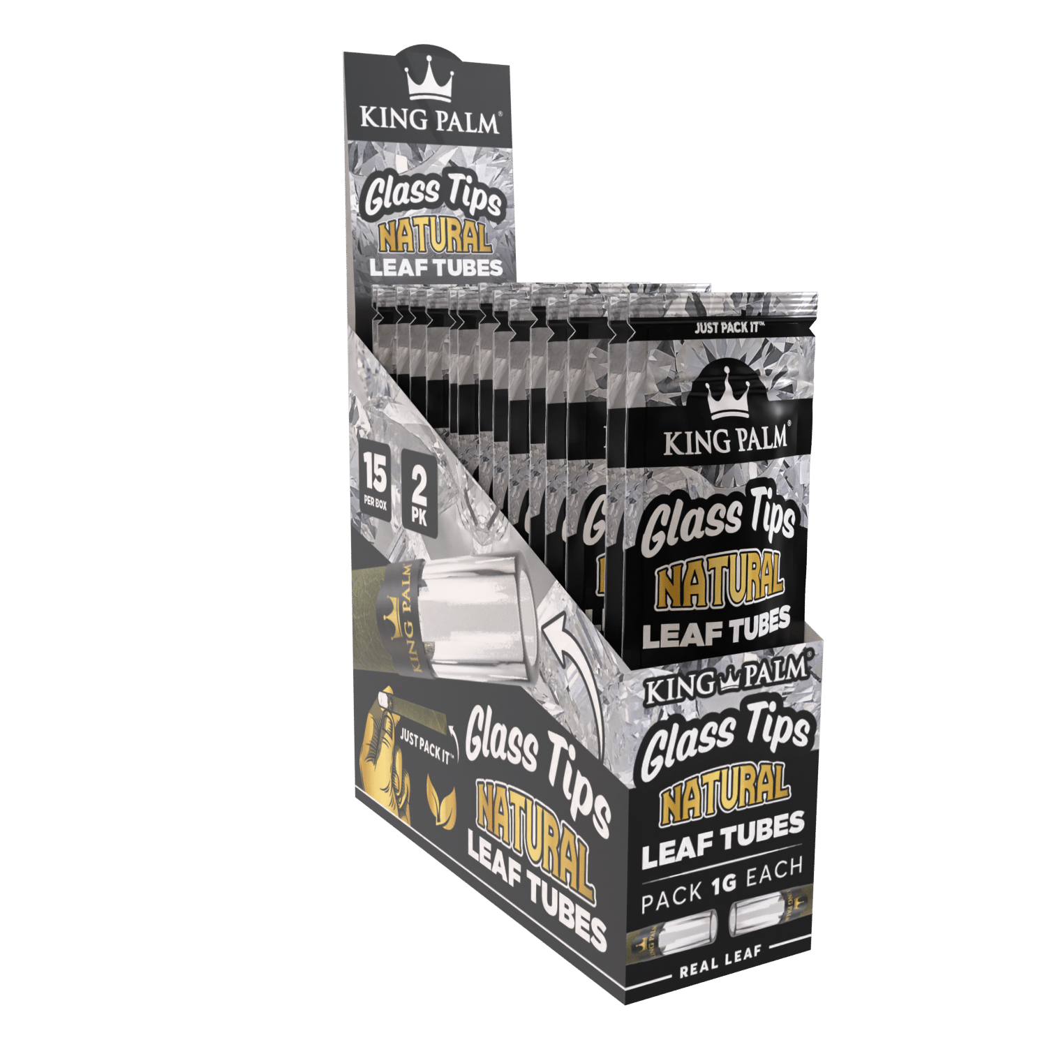 King Palm - Glass Tips | Natural Leaf Tubes| 1G Each | 2Pack | 16packs/Box | WR13